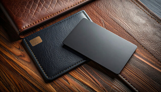 Black blank credit card on a leather wallet and wooden table, luxury finance and payment concept
