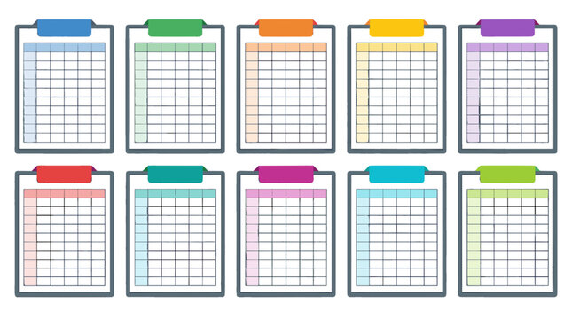 Set of colorful weekly planners with checkboxes and calendar pages