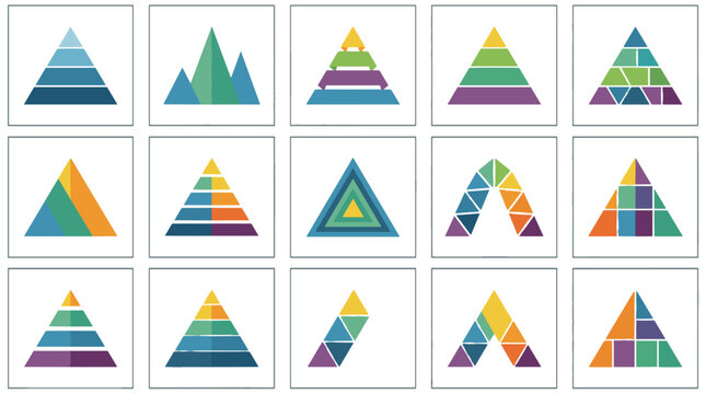 Collection of colorful geometric pyramid shapes with various designs