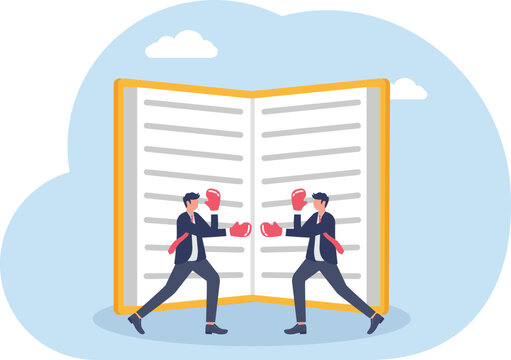 Two corporate business professionals boxing with gloves inside open pages of large book template layout