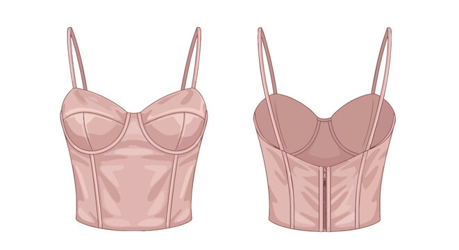 Women's Dusty Pink Corset Top Illustration, Front and Back View Spaghetti Strap Bustier Crop Top, Fashion Apparel Technical Sketch