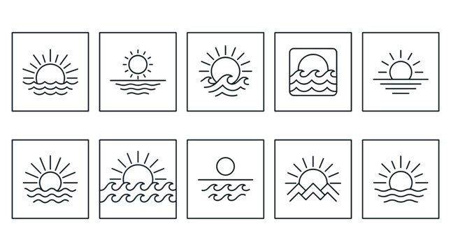 Set of nine minimalistic line icons representing different sunrise scenes