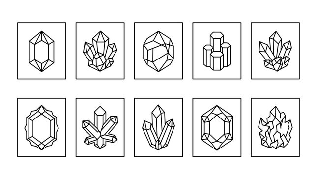 Collection of geometric crystal shapes with diverse structures and forms