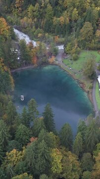 Vertical Aerial View of Blausee Lake Switzerland