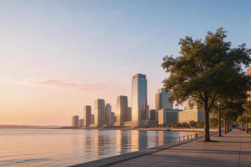 Obraz premium Modern city waterfront with skyscrapers at sunset and tree-lined promenade