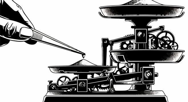 Precision weighing of small substance with tweezers on antique scale