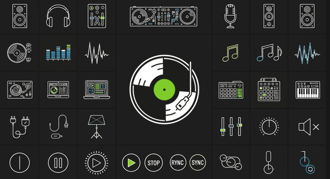 Dj Music Equipment Icons Set - Turntable, Mixer, Headphones, Microphone, Speakers, Sound