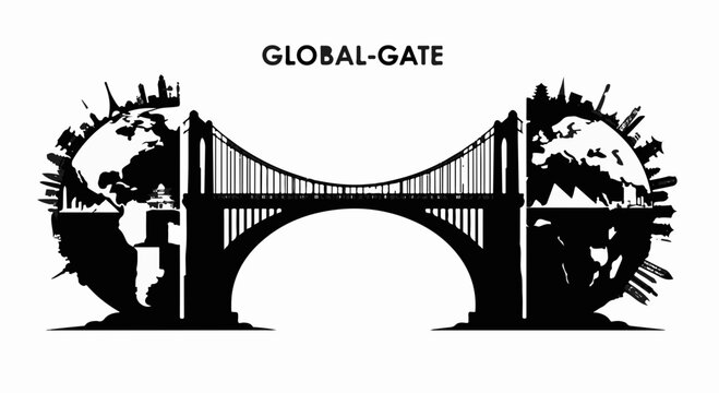 Symbolic bridge connecting stylized globes representing global connection and travel