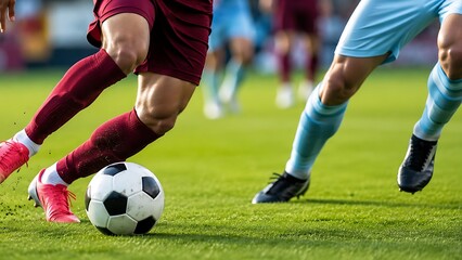 Fototapeta premium Close up soccer players legs fighting for football possession