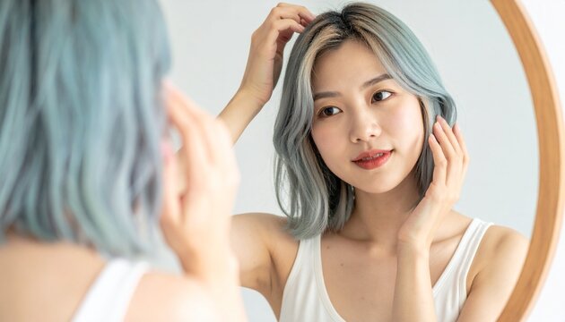 丸い鏡に映る自分の髪を満足気に触る日本人女性・ヘアカラー後の確認・グレーヘアのセルフチェック