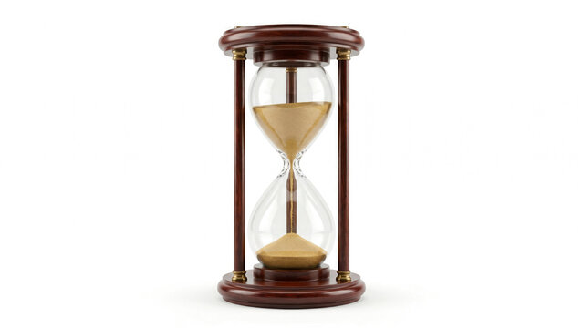 Classic wooden hourglass with flowing golden sand measuring passing time for business productivity and efficiency on transparent background