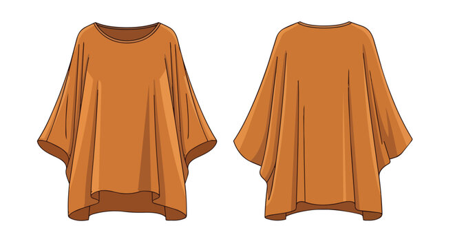 Women oversized loose fit brown poncho tunic top fashion illustration showing front and back view of draped long sleeve garment