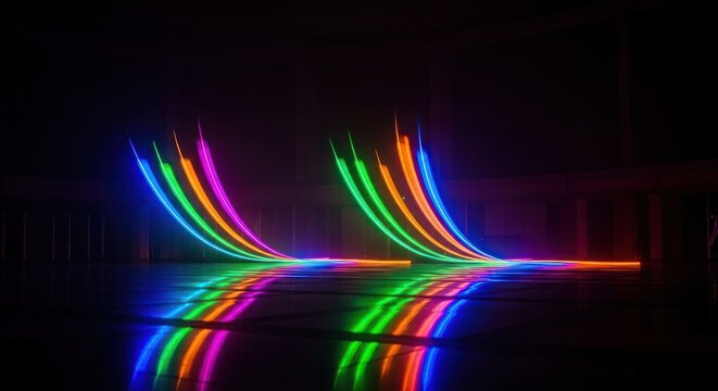 Vibrant Neon Light Trails Reflecting on Dark Surface.