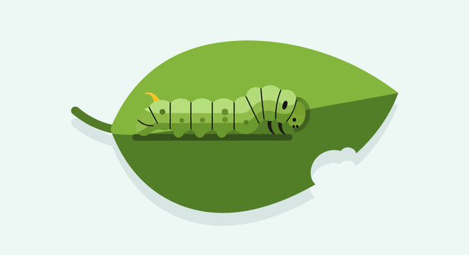 Green caterpillar crawling on a bitten leaf, flat design illustration