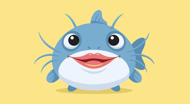 Funny cartoon catfish with human lips smiling, vector illustration on yellow background
