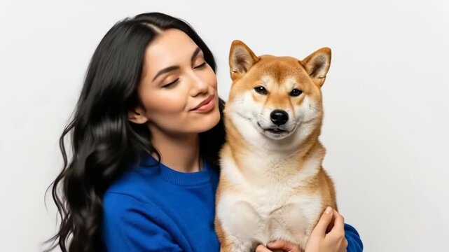 Woman affectionately kisses a shiba inu dog on the cheek