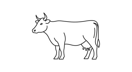 Fototapeta premium Simple line drawing of a cow, standing profile view, black outline on white background.