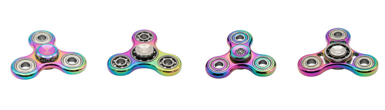 Metallic rainbow iridescent fidget spinner toy shown from multiple isolated on transparent background