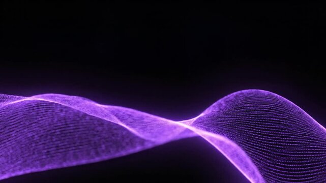 Neon purple particle wave undulating in the lower-left corner against a solid black background, featuring glowing dots and linear patterns with a digital, futuristic aesthetic.