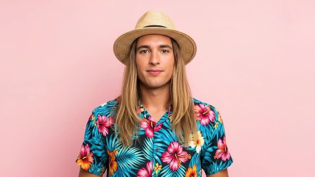 Smiling individual forming heart shape with floral-patterned shirt and hat
