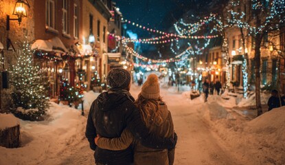 Obraz premium Young couple walking hand in hand through a snow-covered city street decorated with colorful holiday lights and festive ornaments during winter evening