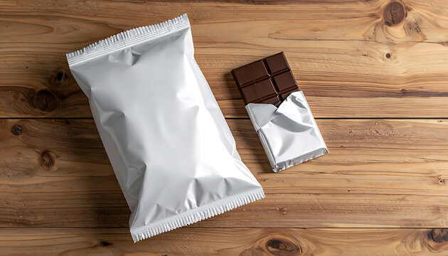 Blank white foil packaging next to a dark chocolate bar with open wrapper on a rustic wooden table, sweet snack and confectionary concept