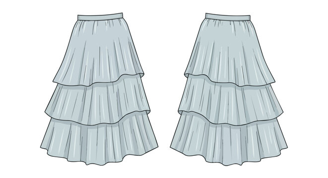 Stylish light blue tiered maxi skirt with layered ruffles illustration for women fashion design front and back views