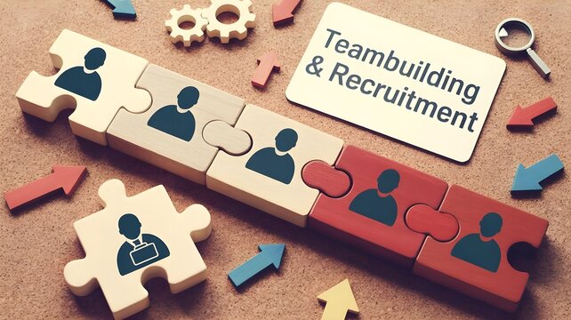 A creative puzzle representing teambuilding and recruitment with connected people pieces