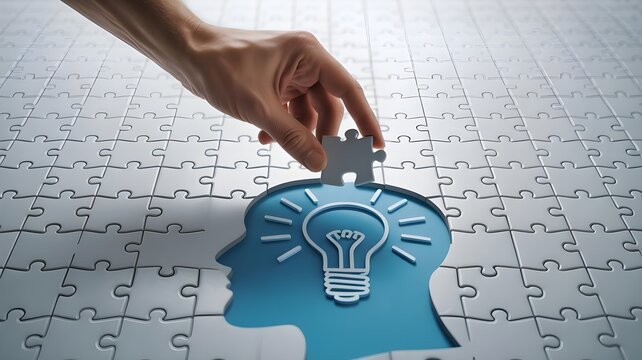 A hand placing a puzzle piece into a blue silhouette of a head with a lightbulb, symbolizing inspiration and problem-solving.