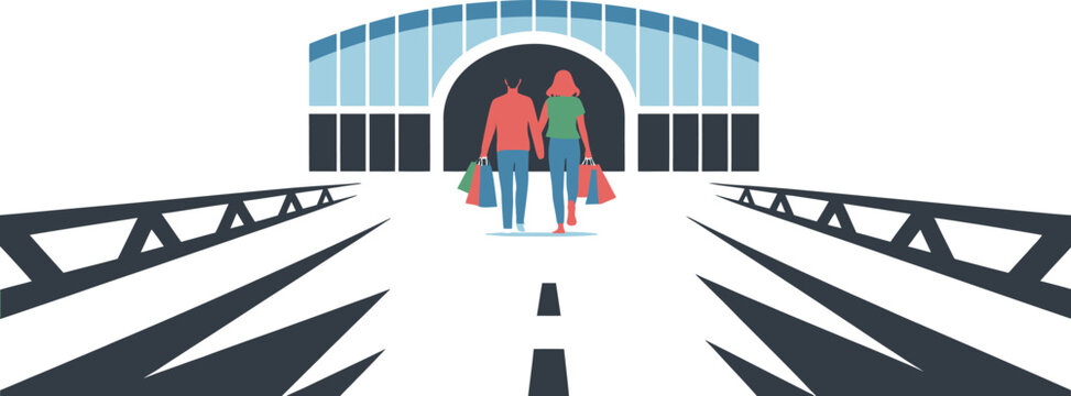 Couple holding hands walking with shopping bags towards station entrance flat style perspective