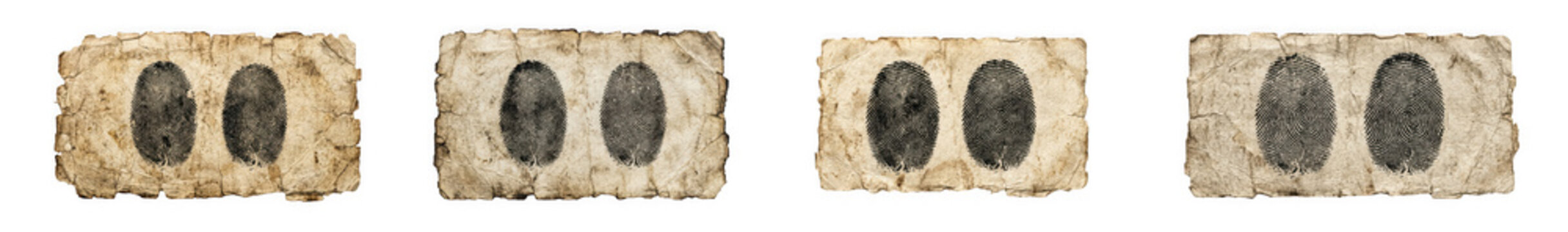 Forensic fingerprint samples on textured paper fragments for evidence isolated on transparent background