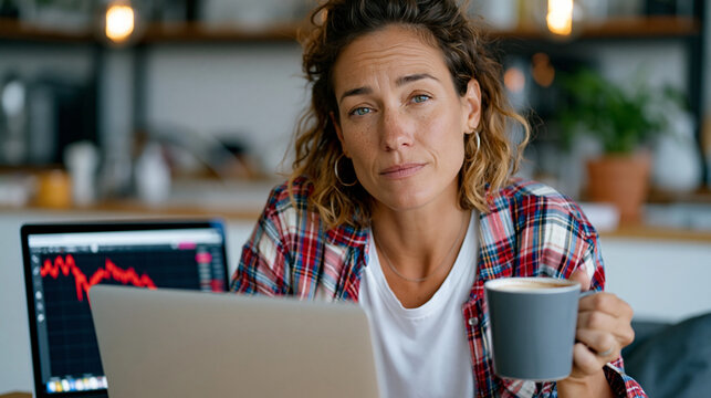 A pristine commercial stock photo of an adult female entrepreneur staring blankly past her laptop which displays an unreadable red falling bar chart, her hand holding a generic cof