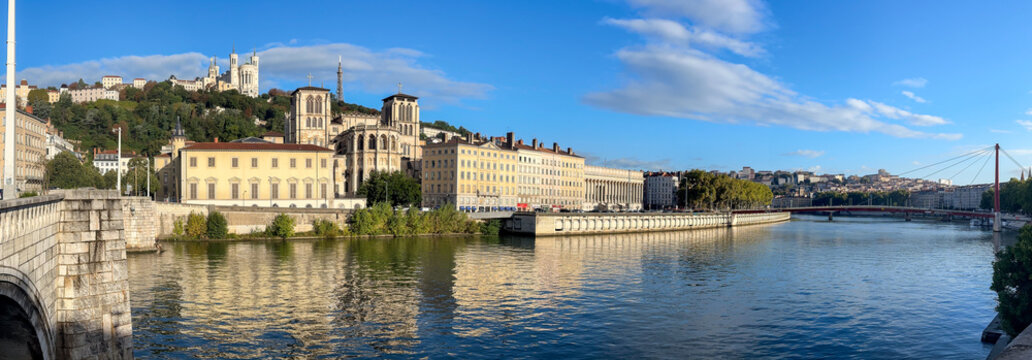 Vieux Lyon at the banks of the river Saone with the Fourviere hill in the background in Lyon, France.