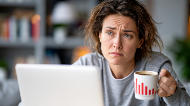 A pristine commercial stock photo of an adult female entrepreneur staring blankly past her laptop which displays an unreadable red falling bar chart, her hand holding a generic cof