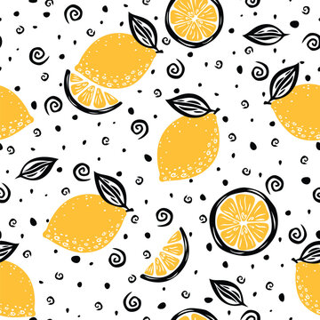 Hand Drawn Doodle Lemon Seamless Pattern with Yellow Slices and Black Swirls
