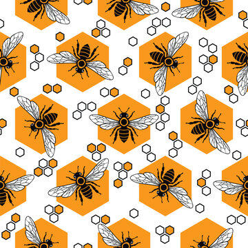 Seamless Honeybee and Hexagon Honeycomb Pattern