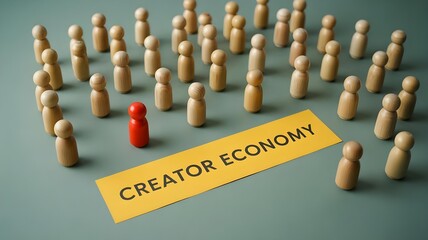 Obraz premium A red figure stands out from a crowd of wooden figures with a CREATOR ECONOMY sign