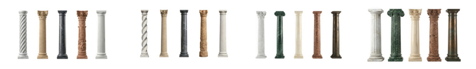 Naklejka premium Collection of decorative architectural columns in various stone textures isolated on transparent background