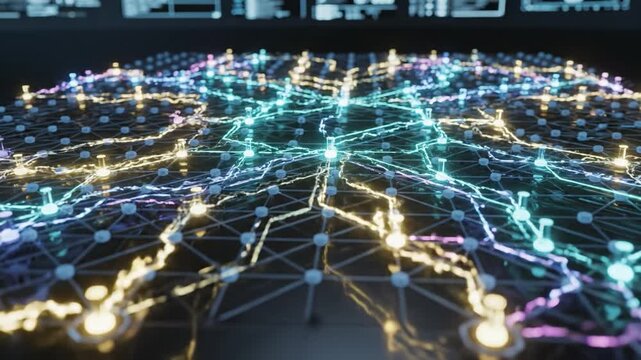 Digital network connection glowing nodes lines technology data communication system neural network visualization interconnected glowing points electric lines futuristic data flow infrastructure