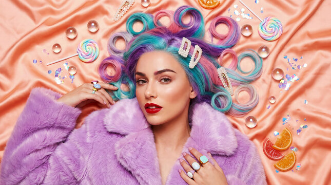Young caucasian woman with pastel rainbow hair and pearl clips wearing lilac fauxfur coat lying on peach satin among lollipops confetti and citrus slices, playful glam advertising concept