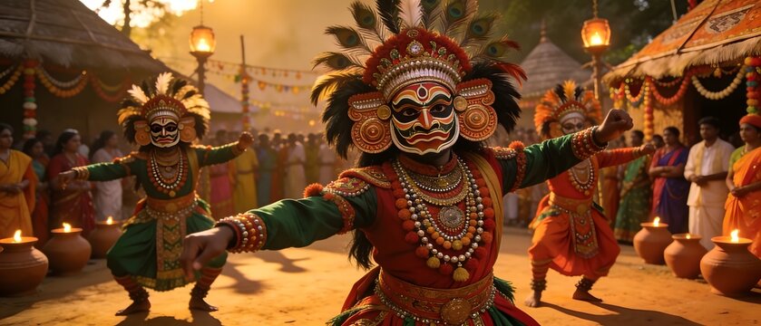 Chhau Mask Dancers Perform Traditional Folklore at West Bengal Festival in India during a vibrant rural mela celebration.
