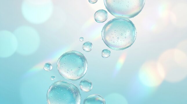 Floating transparent water droplets on soft blue bokeh background with fresh dewy glow