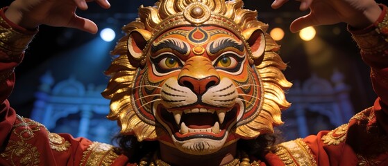 Obraz premium Close-up of a traditional lion mask used in Indian Chhau dance performance