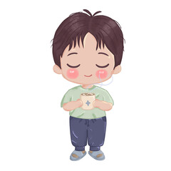 Fototapeta premium Cozy chibi boy drinking hot coffee or tea with eyes closed relaxing