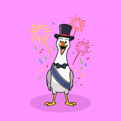 Obraz premium Happy Cartoon Seagull Celebrating New Year with Fireworks