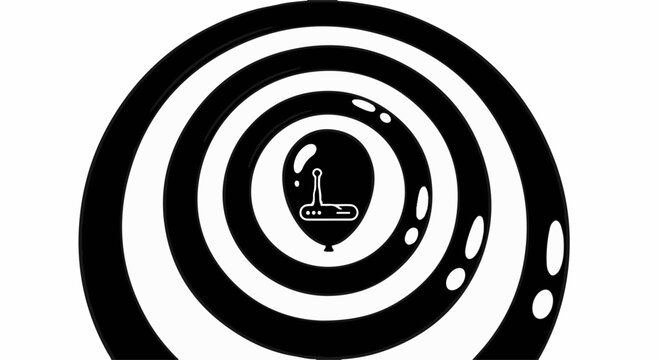 Surreal black and white spiral design with a balloon and control panel, creating a sense of mystery and illusion.
