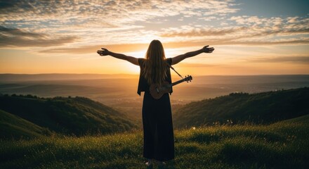 Fototapeta premium Woman With Open Arms Embracing Sunrise Over Rolling Hills.