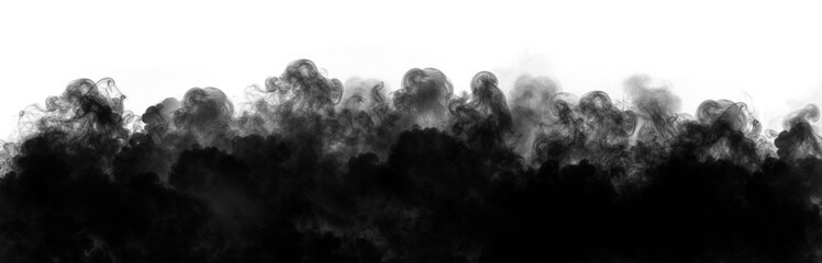 Dense black smoke clouds rising in a thick textured plume isolated on a transparent background for creative design usage © Basit