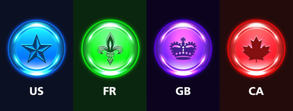 Vector set of round colored glowing icons with bright highlights. American blue star, stylized French green lily, purple British crown and Canadian red maple leaf. Collection luminous decals or button