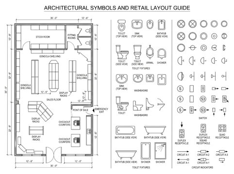 CAD blueprint of a retail store floor plan and a comprehensive guide to architectural drafting symbols for commercial space design and efficient planning